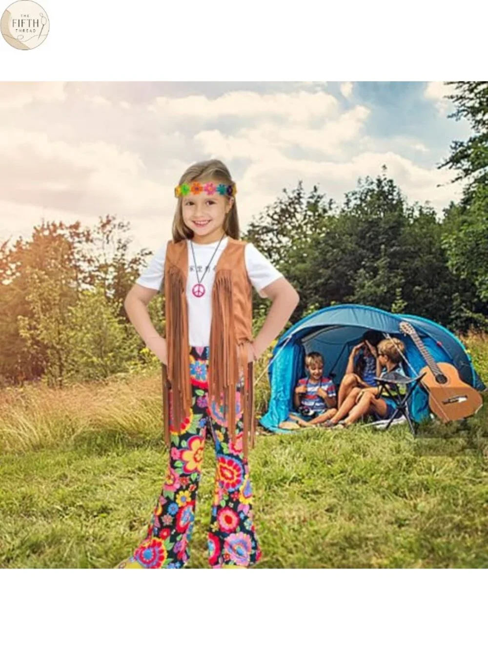 Girls 60s 70s Hippie Costume Set Fringe Vest Bell Bottoms Disco Outfit